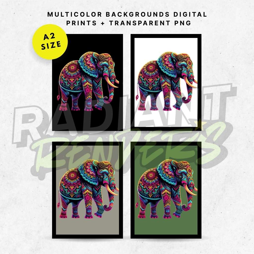 Neon Mandala Elephant – A2 Digital Wall Art Print & Transparent PNG | Vibrant Elephant Poster & T-Shirt Design | Modern Animal Decor for Home, Office & Gifts