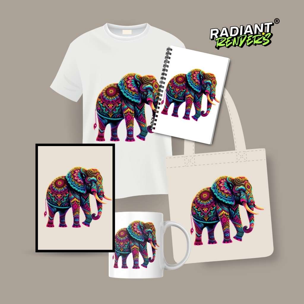 Neon Mandala Elephant – A2 Digital Wall Art Print & Transparent PNG | Vibrant Elephant Poster & T-Shirt Design | Modern Animal Decor for Home, Office & Gifts