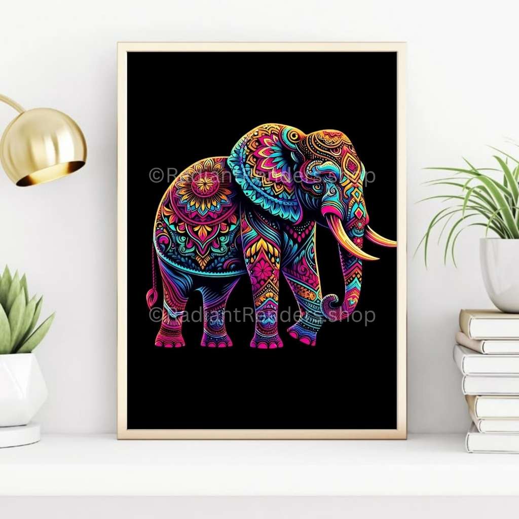 Neon Mandala Elephant – A2 Digital Wall Art Print & Transparent PNG | Vibrant Elephant Poster & T-Shirt Design | Modern Animal Decor for Home, Office & Gifts
