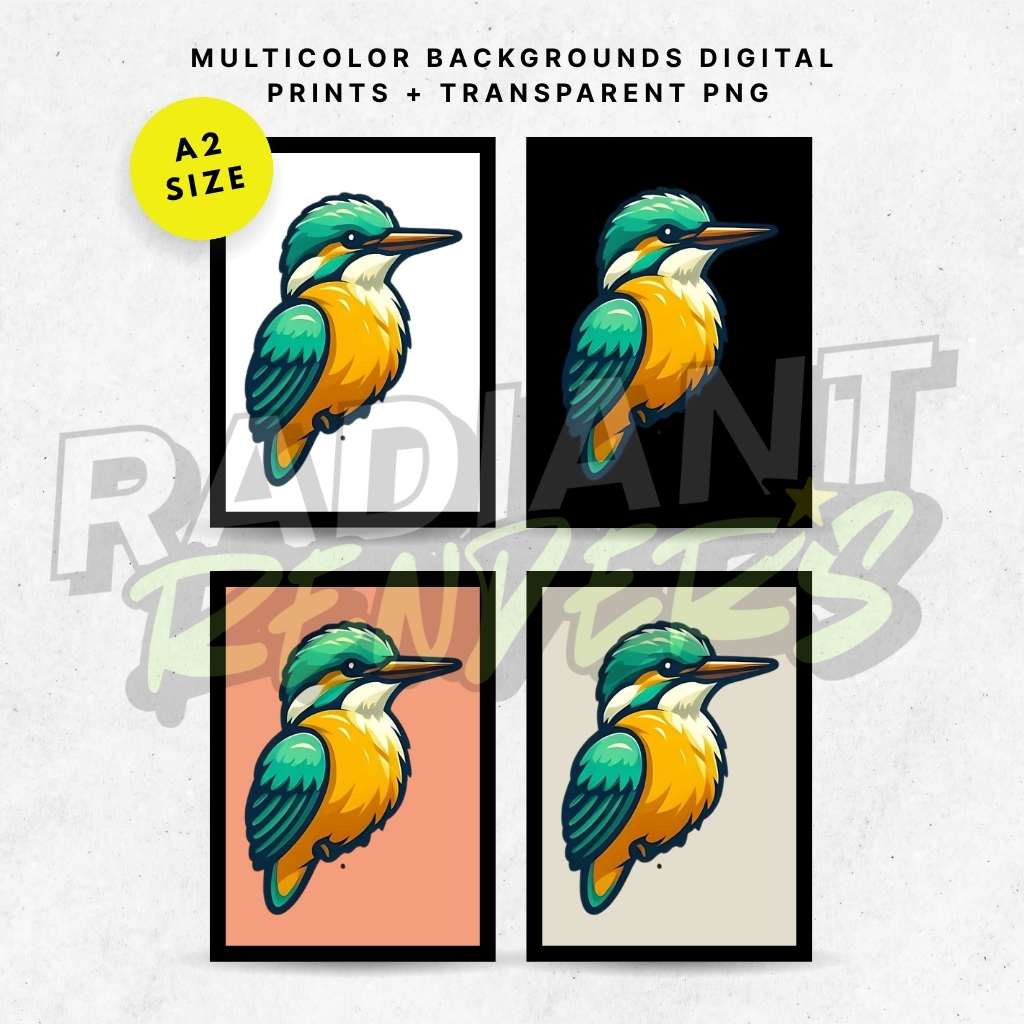 Sunbeam Woods Kingfisher – A2 Digital Wall Art Print & Transparent PNG | Vibrant Kingfisher Bird Poster & T-Shirt Design | Modern Nature Decor for Home, Office & Gifts