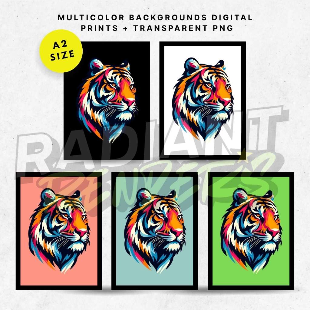 Solar Flare Tiger 2 – A2 Digital Wall Art Print & Transparent PNG | Vibrant Tiger Poster & T-Shirt Design | Contemporary Animal Art for Home, Office & Gifts