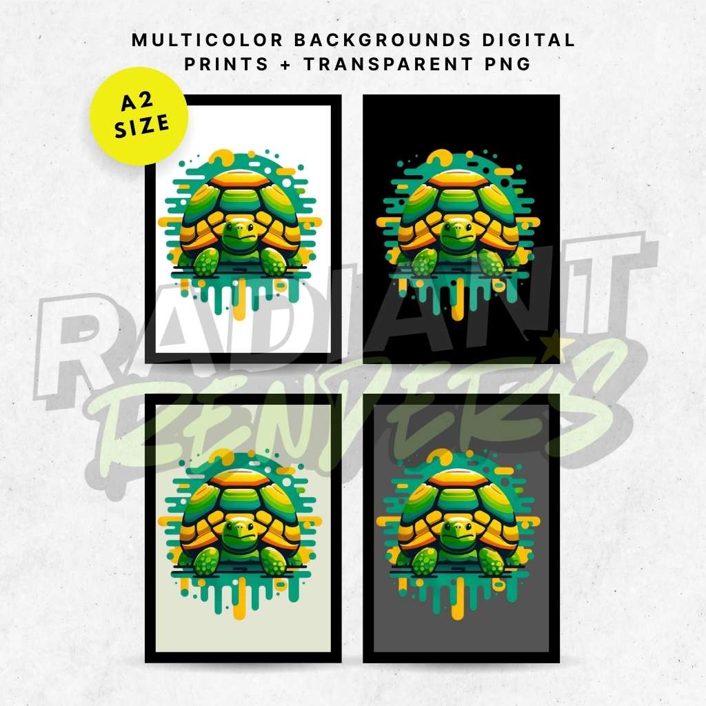 Neon Sunrider Turtle – A2 Digital Wall Art Print & Transparent PNG | Vibrant Turtle Poster & T-Shirt Design | Retro Ocean Decor for Home, Office & Gifts