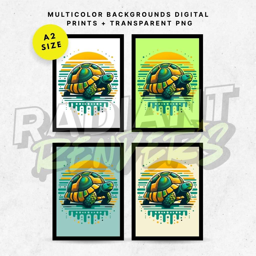 Sunburst Turtle – A2 Digital Wall Art Print & Transparent PNG | Retro Turtle Poster & T-Shirt Design | Vibrant Animal Art for Home, Office & Beach Lovers