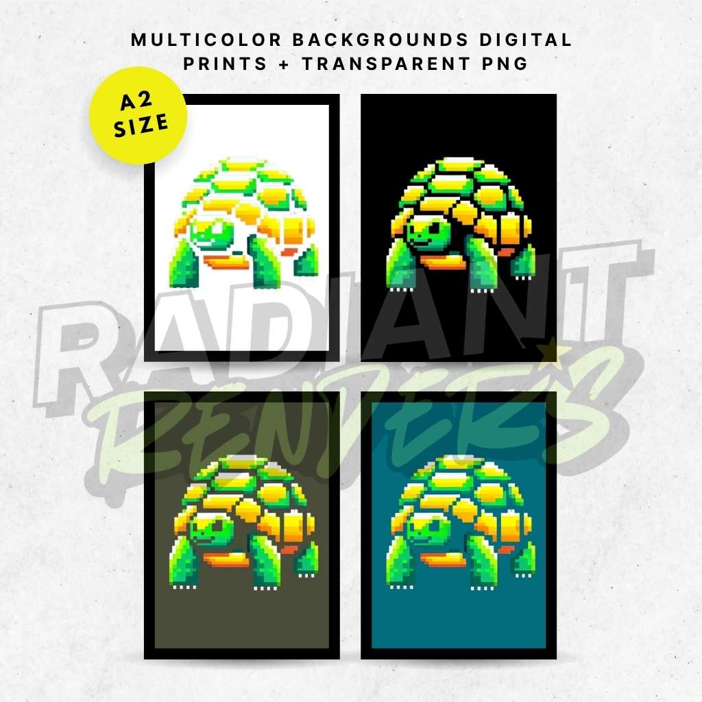 Pixel Terra Turtle – A2 Digital Wall Art Print & Transparent PNG | Retro Pixel Turtle Poster & T-Shirt Design | 8-Bit Animal Art for Home, Gaming Rooms & Gifts