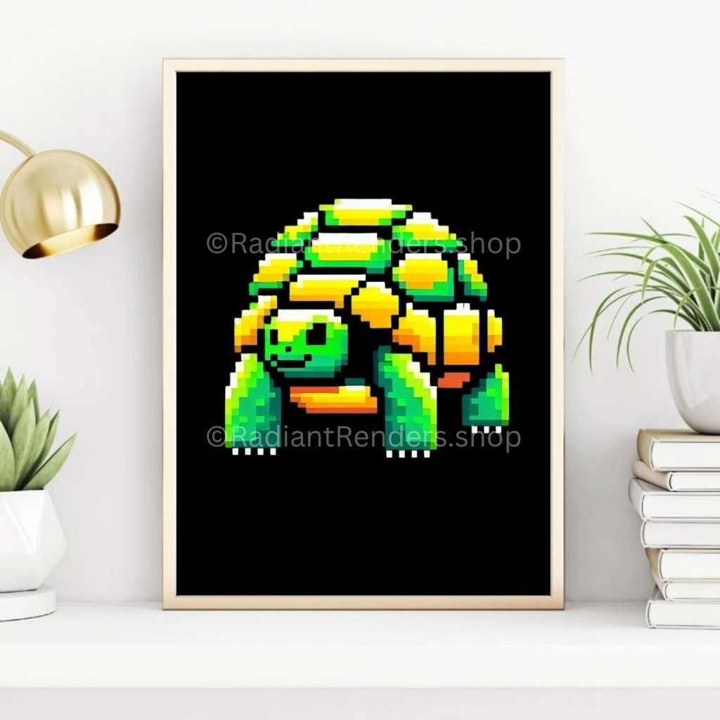 Pixel Terra Turtle – A2 Digital Wall Art Print & Transparent PNG | Retro Pixel Turtle Poster & T-Shirt Design | 8-Bit Animal Art for Home, Gaming Rooms & Gifts