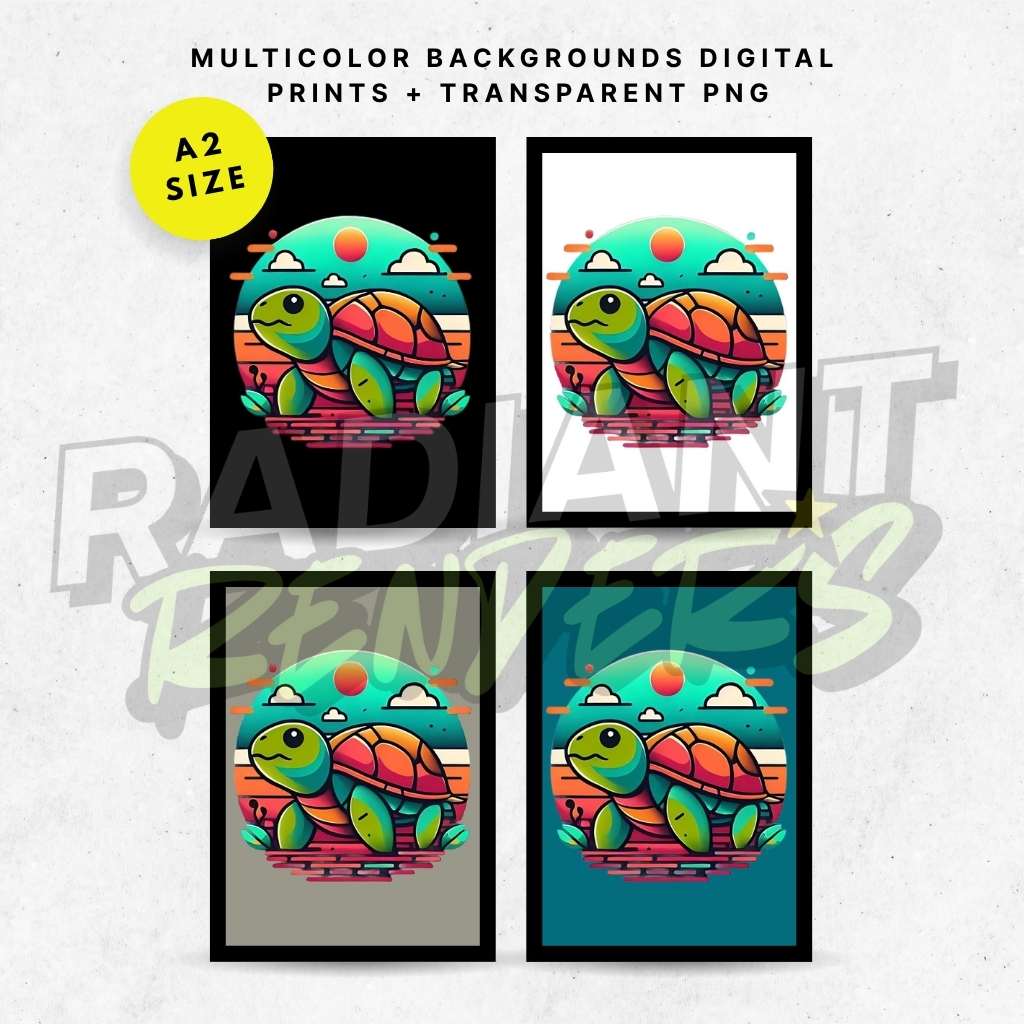 Neon Surfshell Turtle – A2 Digital Wall Art Print & Transparent PNG Vibrant Turtle Poster & T-Shirt Design | Retro Ocean Animal Art for Home, Office & Beach Lovers
