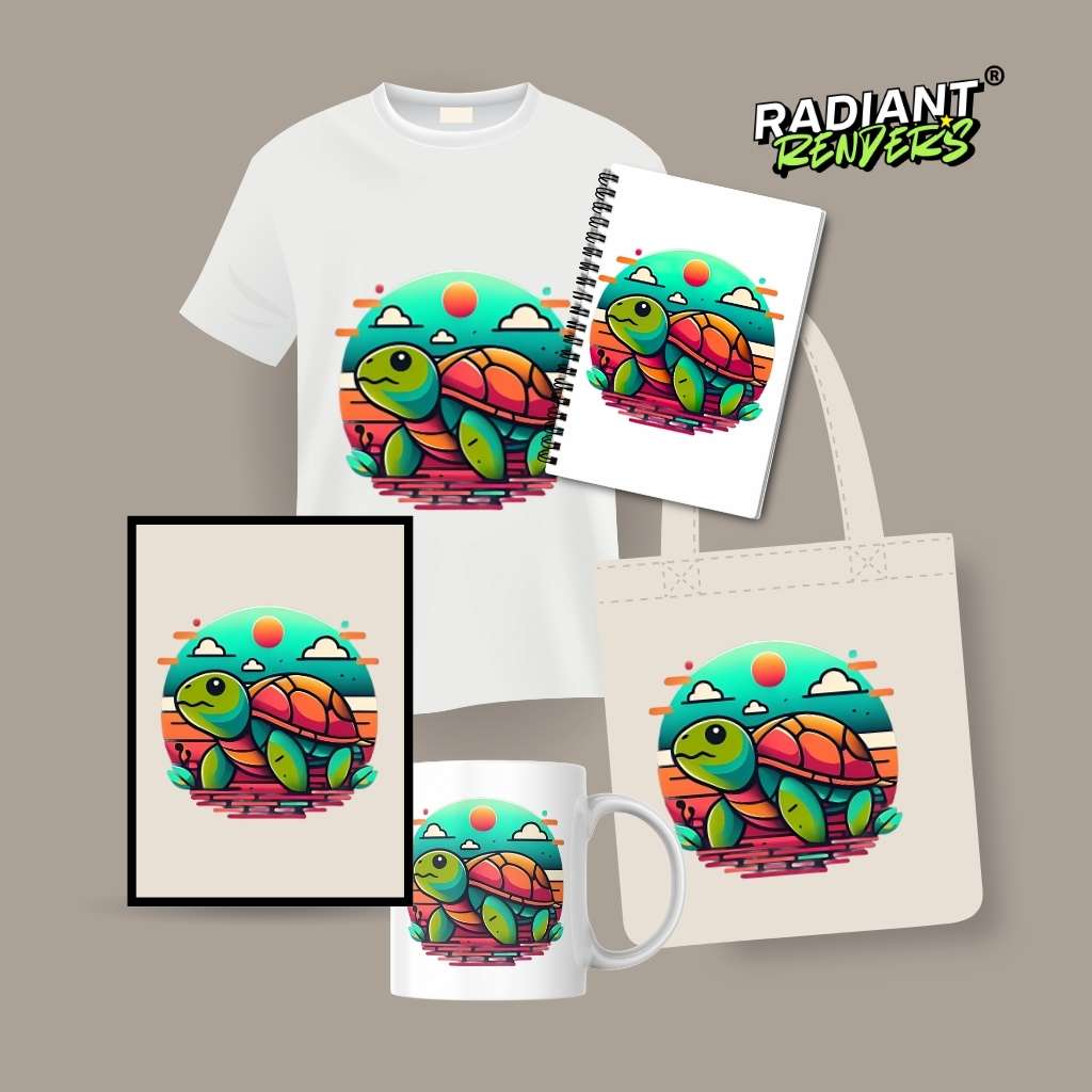 Neon Surfshell Turtle – A2 Digital Wall Art Print & Transparent PNG Vibrant Turtle Poster & T-Shirt Design | Retro Ocean Animal Art for Home, Office & Beach Lovers