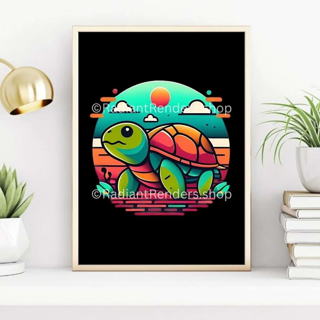 Neon Surfshell Turtle – A2 Digital Wall Art Print & Transparent PNG Vibrant Turtle Poster & T-Shirt Design | Retro Ocean Animal Art for Home, Office & Beach Lovers